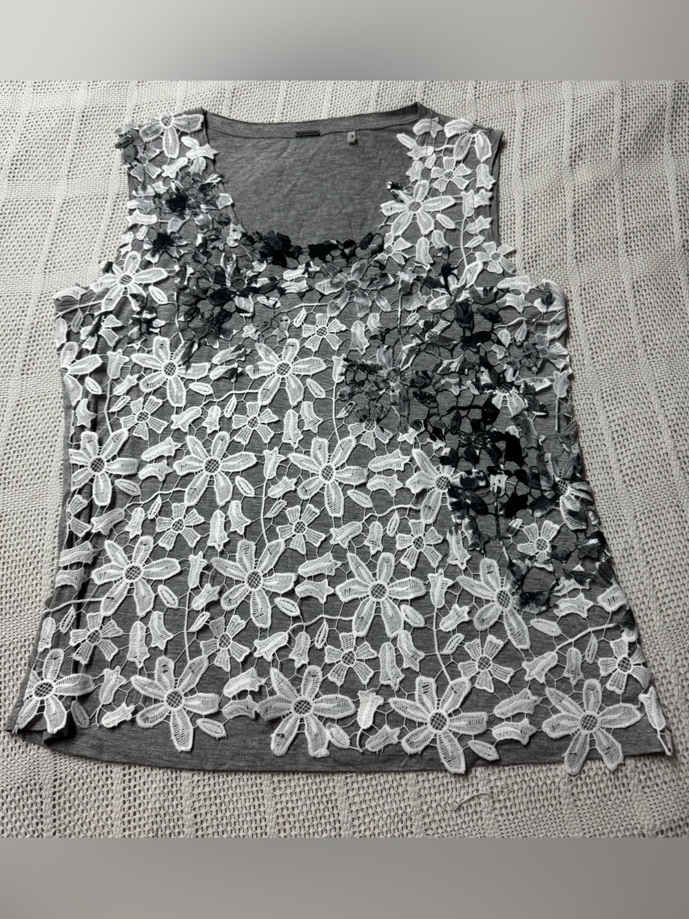 Elie Tahari Sleeveless Gray Tank with White Floral Lace Overlay